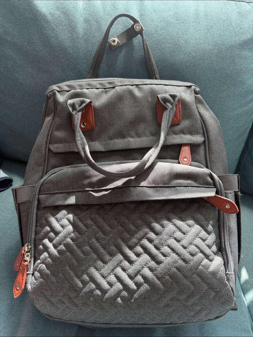 amazon diaper Backpack - Gray with Brown Trim